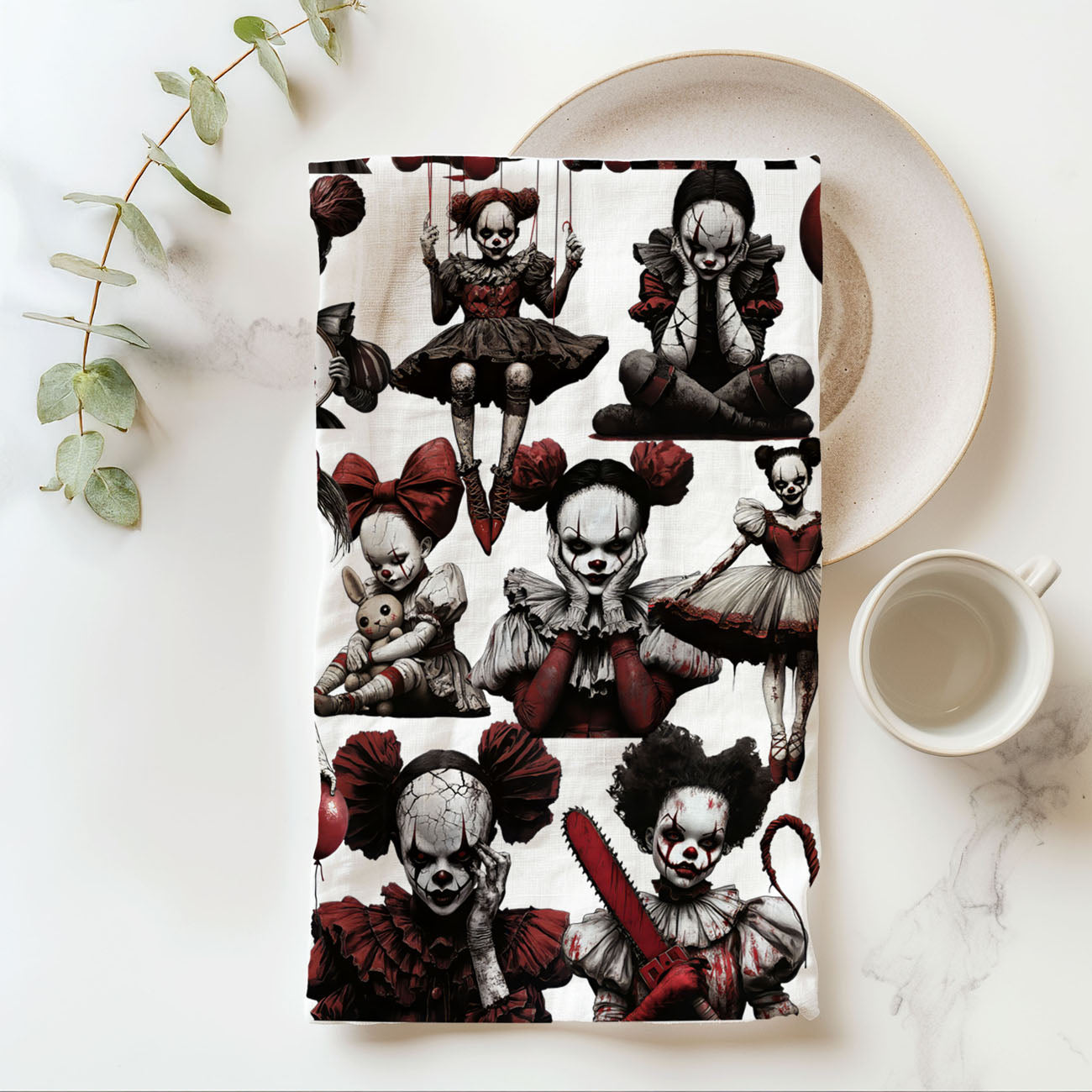 creepy clown girl pattern towel for gothic bathroom décor
halloween creepy character towel red black white design
spine-chilling clown doll tea towel for october décor