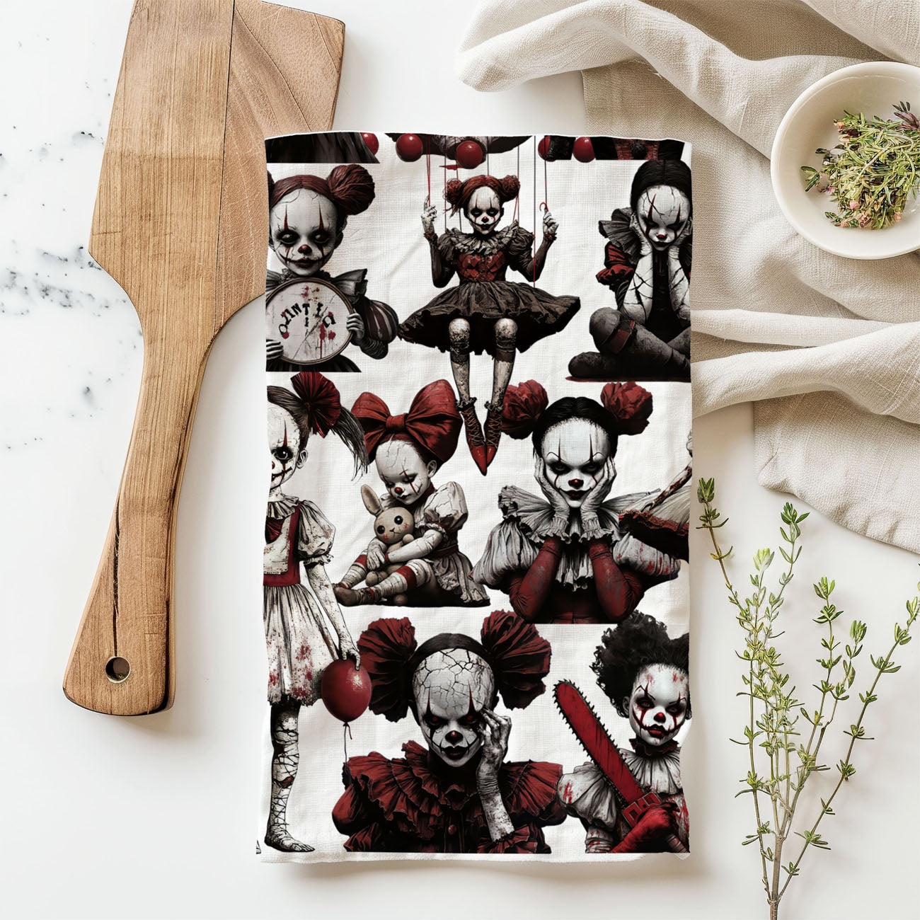 creepy clown girl dish towel for halloween kitchen
scary circus doll flour sack towel gothic décor
halloween horror kitchen towel with bloody clown faces