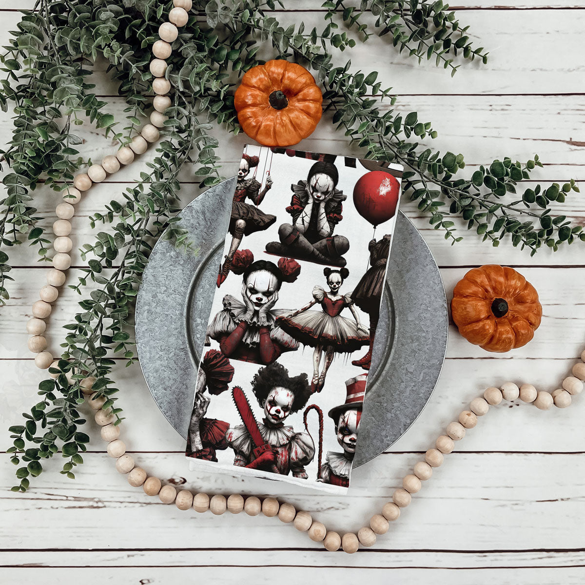creepy doll and clown pattern towel for spooky apartment
scary halloween horror towel with bloody clown girls
creepy dolls kitchen towel gothic fall home décor