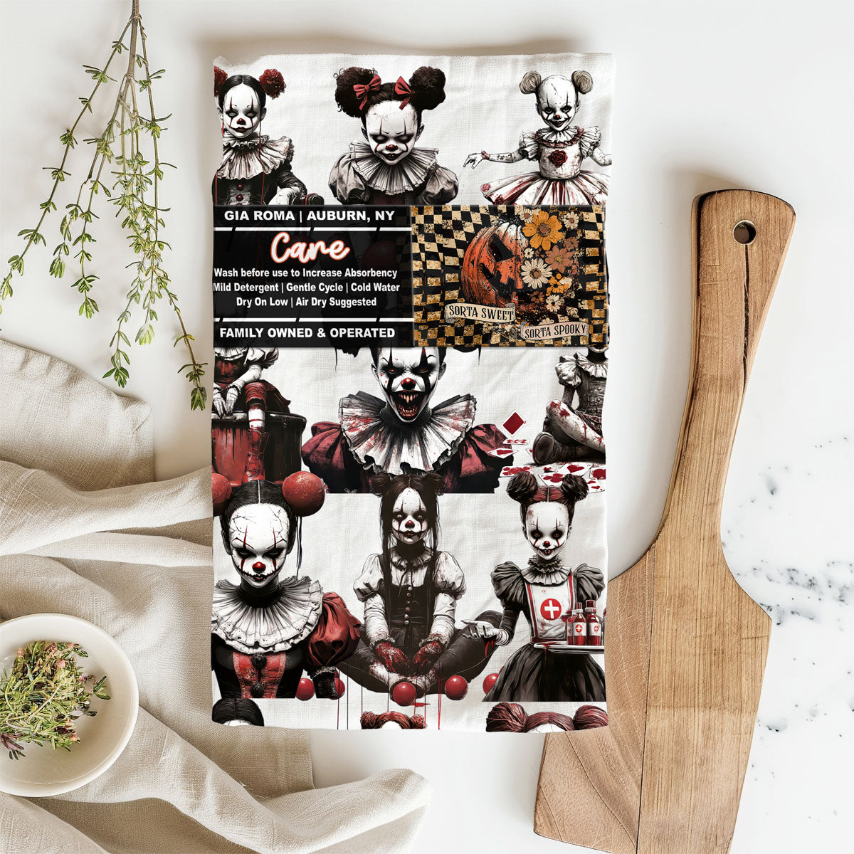 gothic halloween dish towel with creepy circus girls
scary clown face towel for haunted house kitchen
horror movie clown kitchen towel with balloons and blood