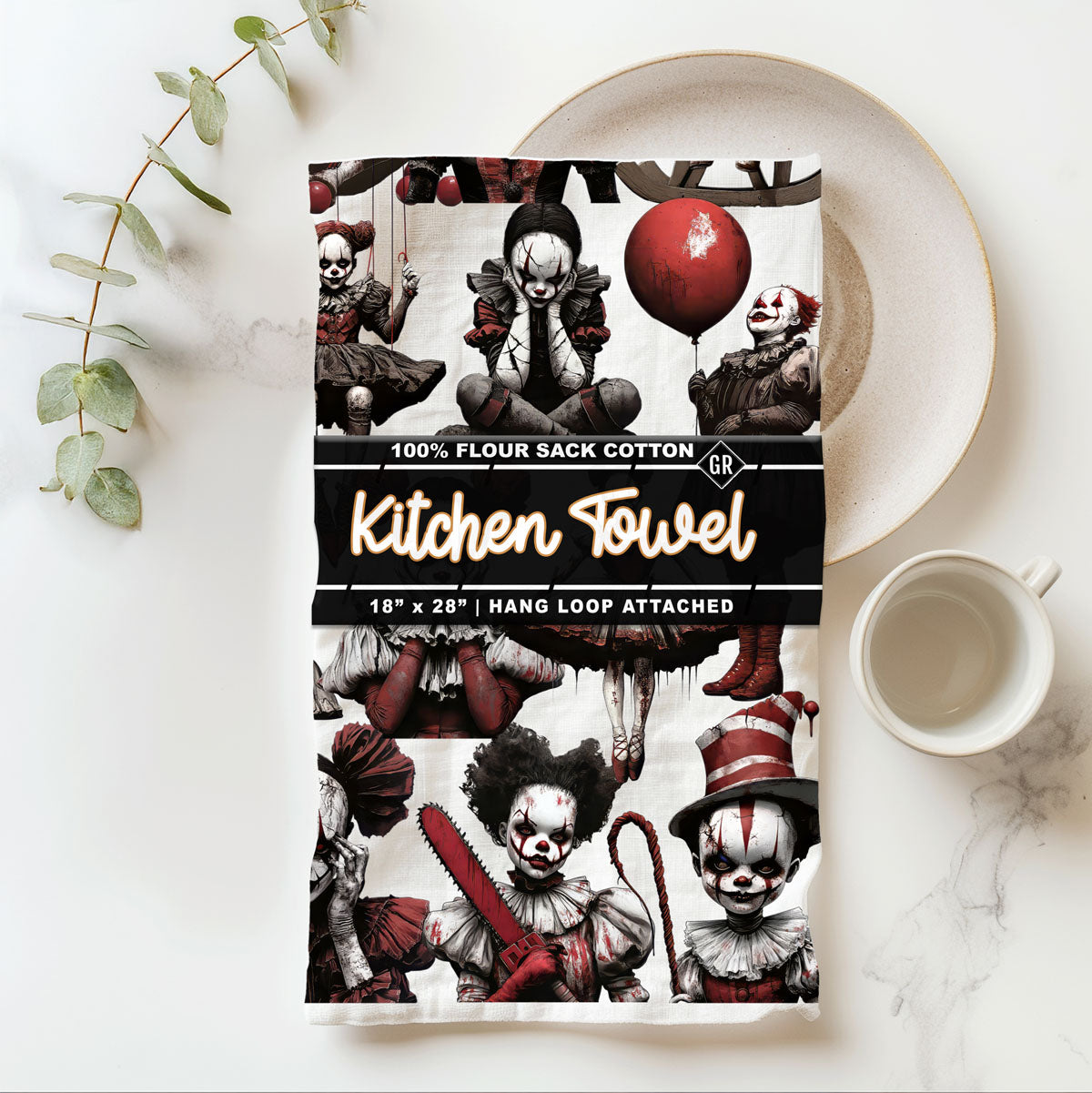 creepy clown girl halloween kitchen towel
scary doll and clown dish towel red and white design
horror clown flour sack towel for spooky kitchen décor
bloody clown doll halloween tea towel on cutting board