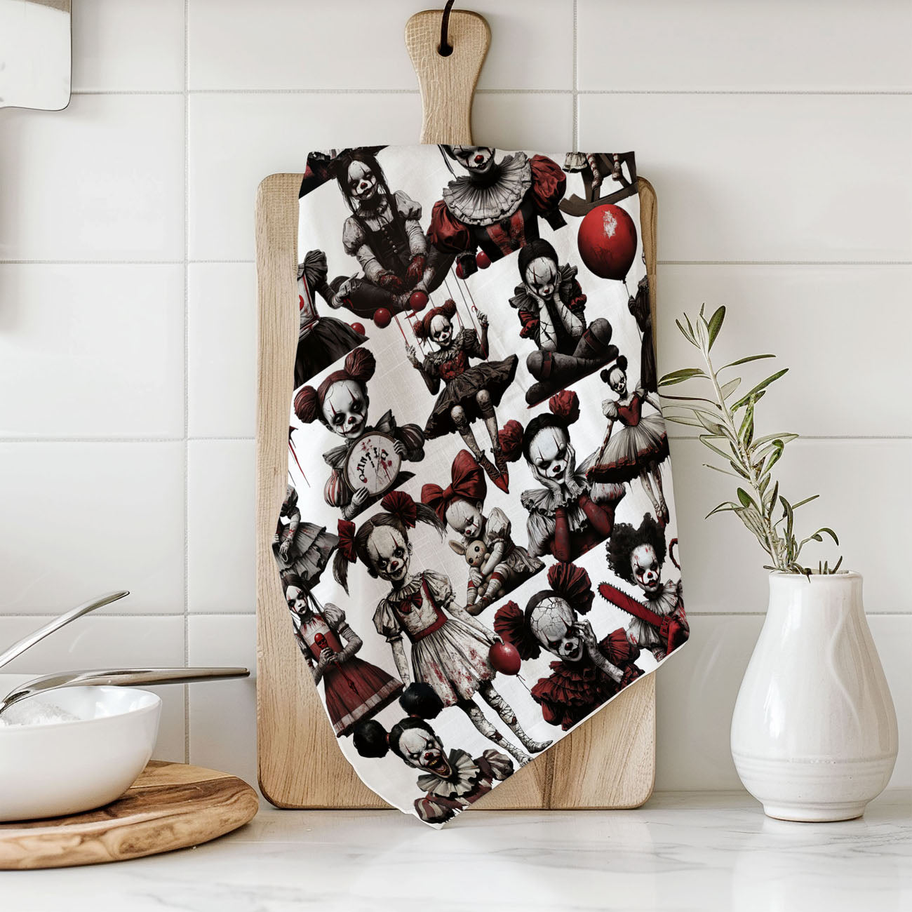 creepy clown and doll print cotton hand towel
scary clown girl artwork towel hanging on oven handle
bloody costume clown dish towel for halloween décor