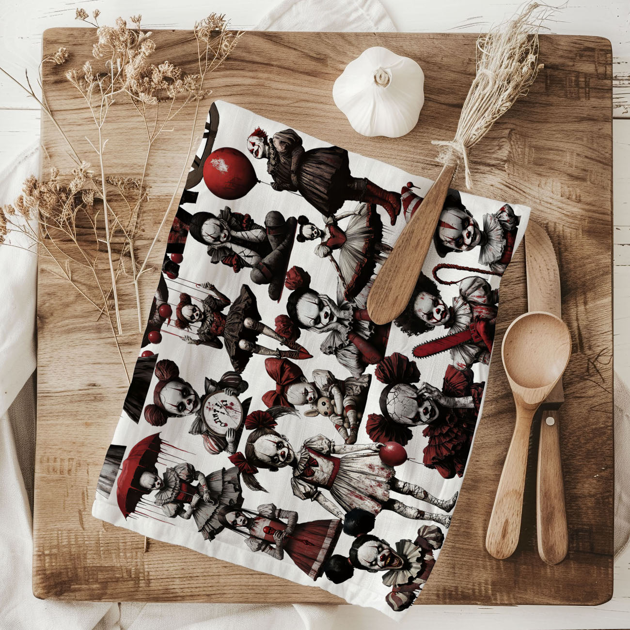 chilling clown doll towel for haunted housewarming gift
creepy child clown tea towel for halloween coffee station
scary doll clown pattern towel for alternative kitchen décor
nightmare circus halloween towel with creepy clown girls