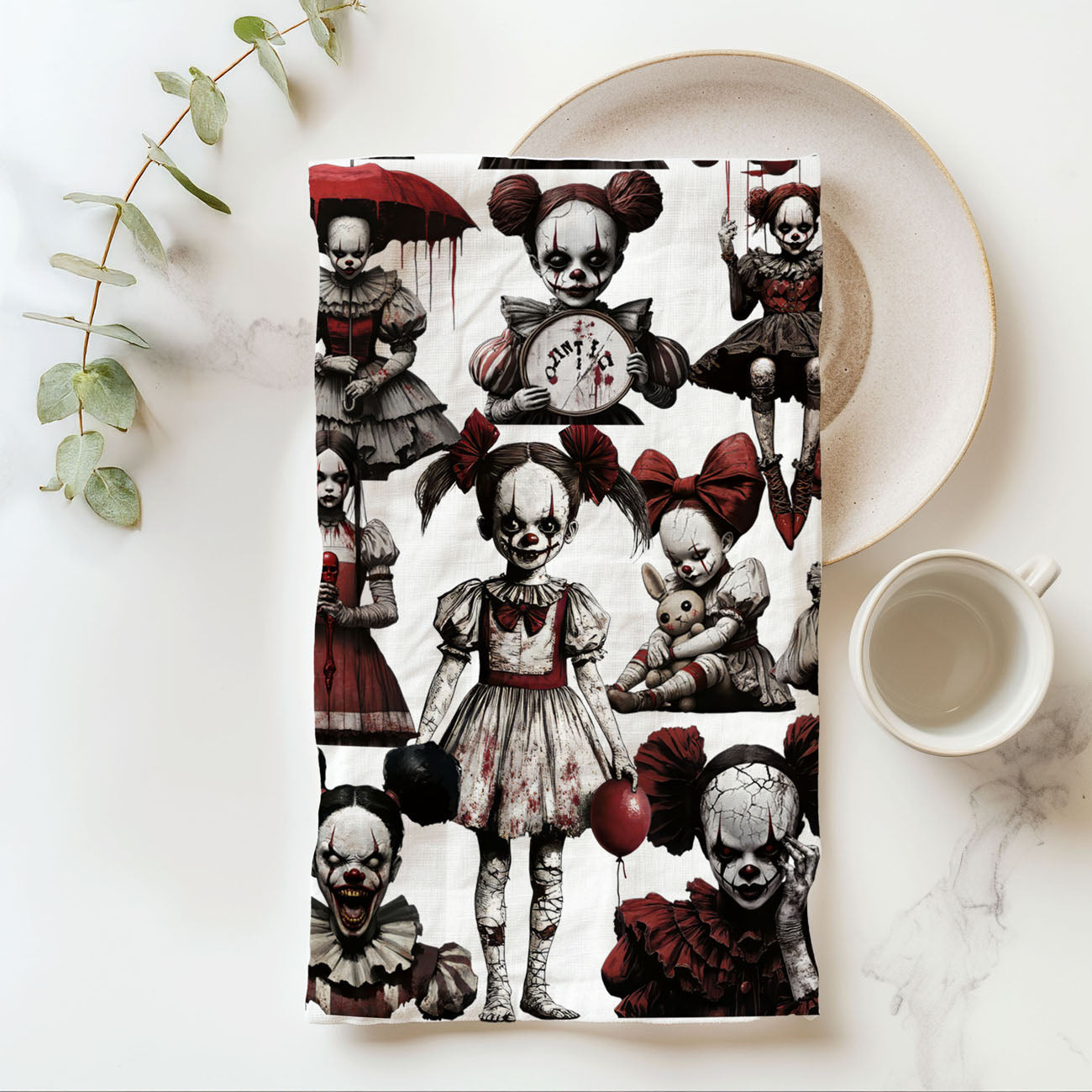 spooky clown doll print towel for haunted home
creepy clown balloon towel for trick or treat party
dark carnival horror towel for halloween bar area
evil clown doll cotton towel for spooky apartment décor