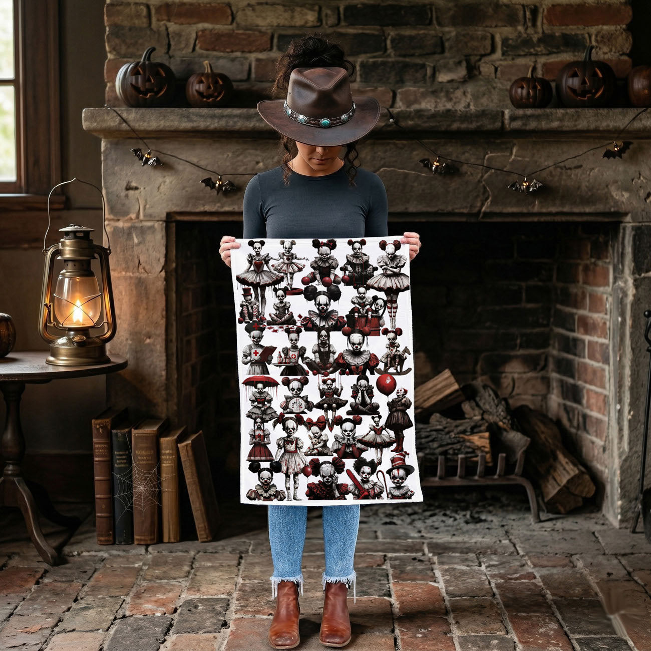 scary red nose clown towel on rustic cutting board
creepy clown and bunny doll towel for eerie kitchen styling
disturbing clown girl artwork towel for alternative halloween décor