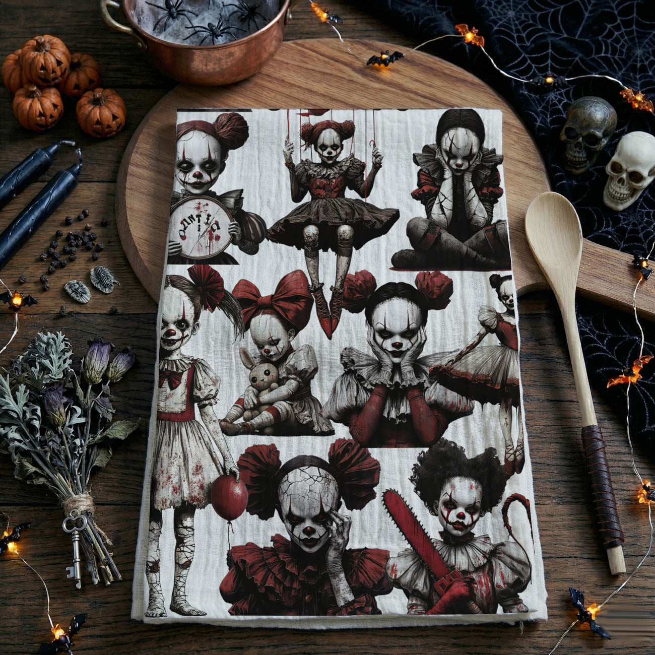 scary clown girl tea towel for october entertaining
creepy red balloon clown towel for halloween coffee bar
halloween kitchen décor towel with terrifying clown dolls