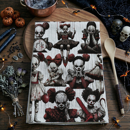 scary clown girl tea towel for october entertaining
creepy red balloon clown towel for halloween coffee bar
halloween kitchen décor towel with terrifying clown dolls