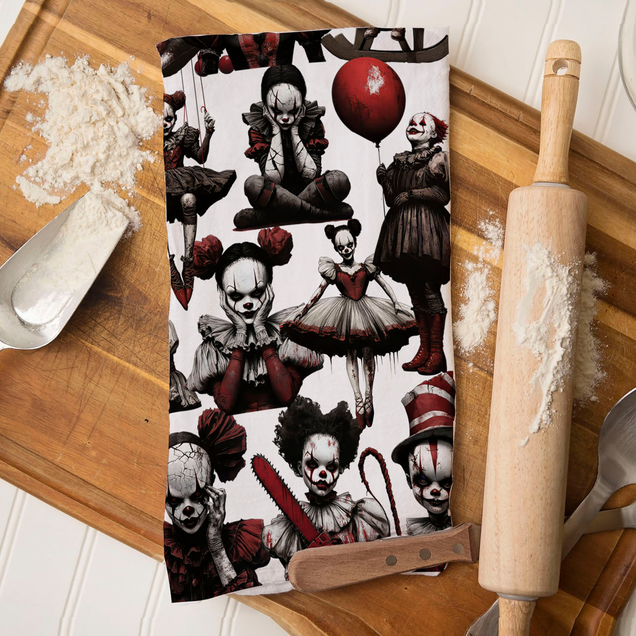 halloween home décor towel with cracked face clown dolls
nightmare clown girl dish towel for horror fan kitchen
haunted carnival themed towel for halloween hostess gift