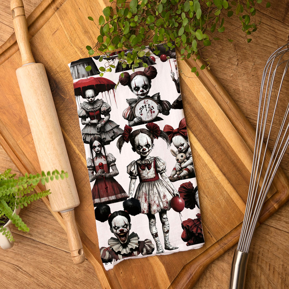 unique halloween kitchen towel creepy clown artwork
scary doll face and clown towel for haunted gallery wall
sinister circus girl flour sack towel horror gift idea
creepy makeup clown towel for spooky season décor