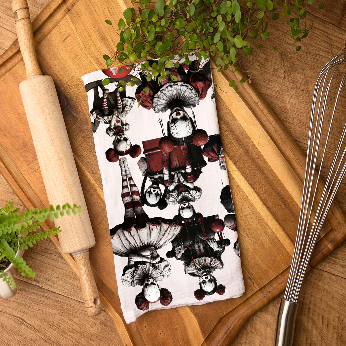 creepy doll face flour sack towel spooky house décor
evil clown halloween tea towel for haunted bar cart
scary doll and clown gift towel for october birthdays