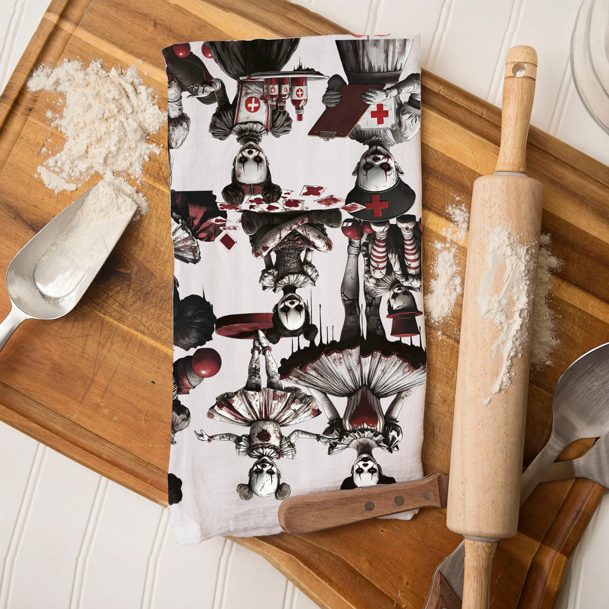 scary clown hostess gift towel for halloween party
horror doll dish towel for haunted farmhouse kitchen
creepy clown balloon design towel scary home accessory