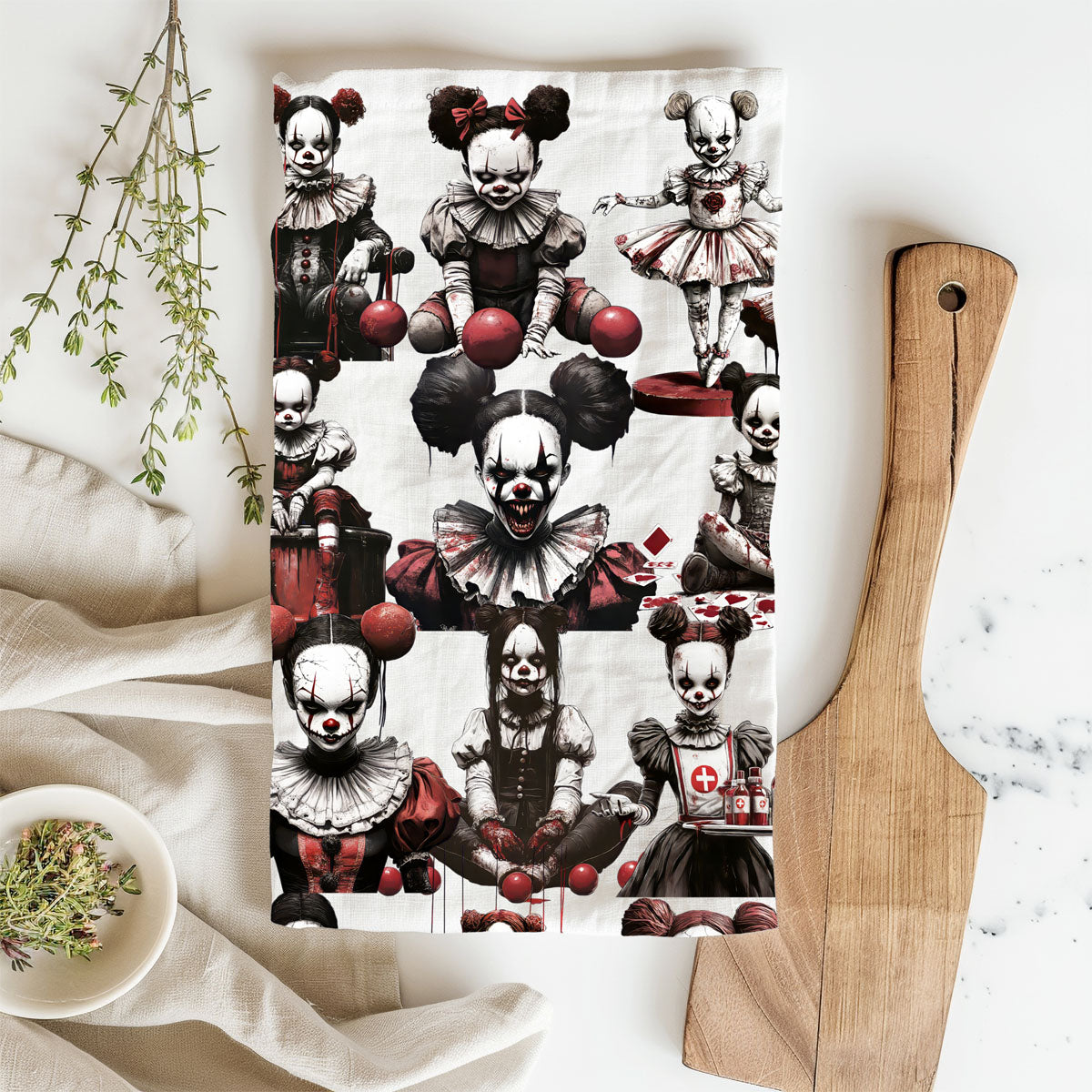 creepy clown girl dish towel for halloween kitchen
scary circus doll flour sack towel gothic décor
halloween horror kitchen towel with bloody clown faces