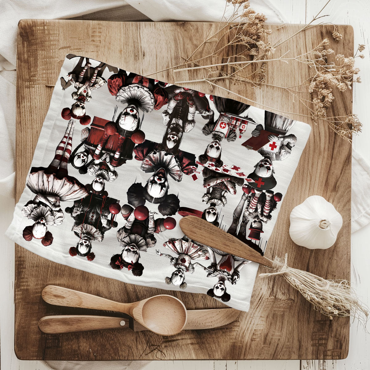 chilling clown doll towel for haunted housewarming gift
creepy child clown tea towel for halloween coffee station
scary doll clown pattern towel for alternative kitchen décor
nightmare circus halloween towel with creepy clown girls