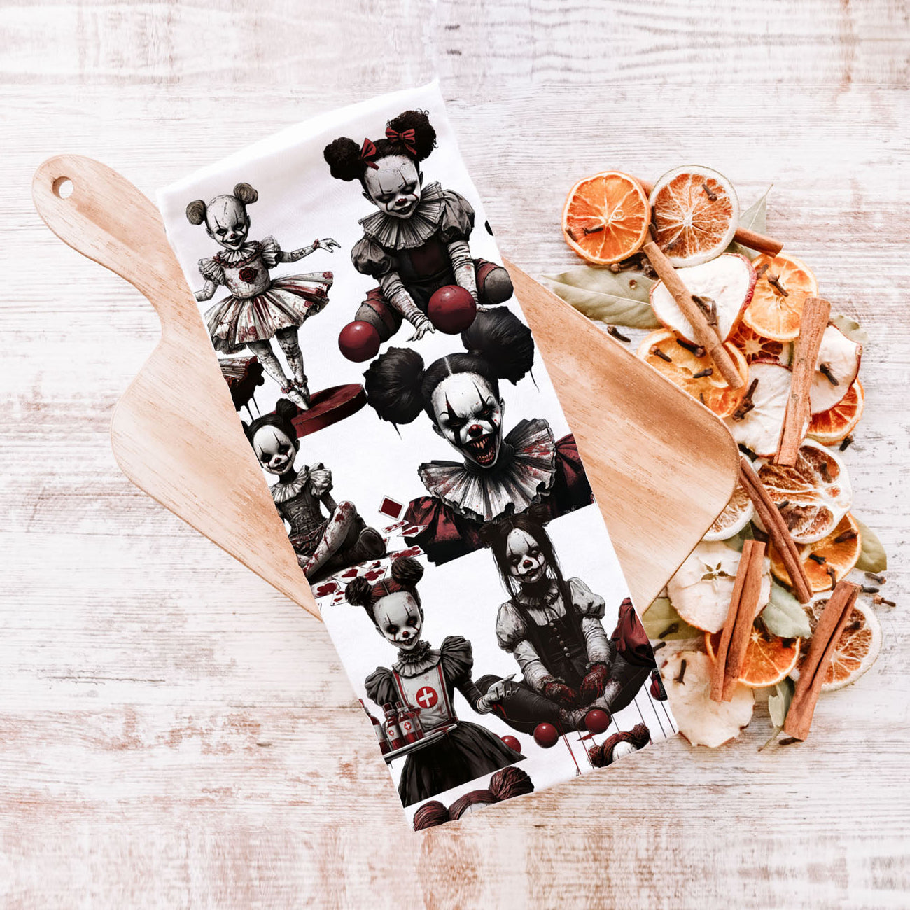 spooky doll kitchen towel for horror themed home
nightmare clown girl towel scary halloween present
creepy doll artwork towel for eerie fall decorations