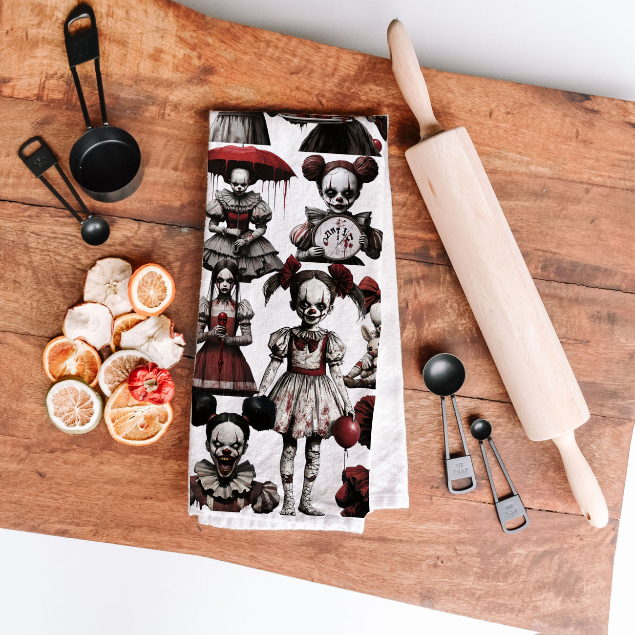 scary porcelain doll towel gothic halloween bathroom décor
creepy carnival clown towel for horror home styling
haunted doll kitchen accessory towel for spooky décor