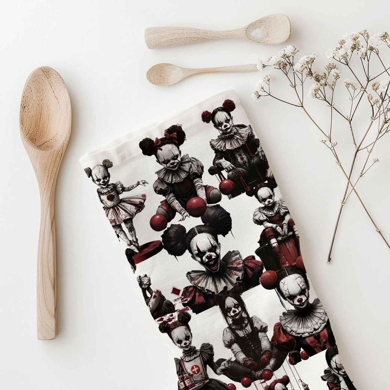 scary clown and doll flour sack towel for dark décor
creepy haunted toy towel unique halloween home gift
scary doll print towel for trick or treat table décor
