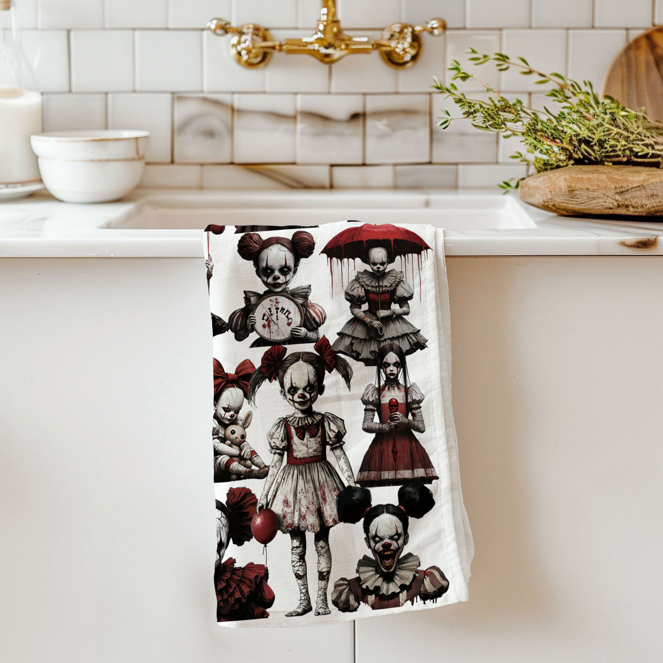 creepy porcelain doll clown towel for october decorating
dark carnival halloween towel with scary clown girls
spooky halloween kitchen towel for horror lovers