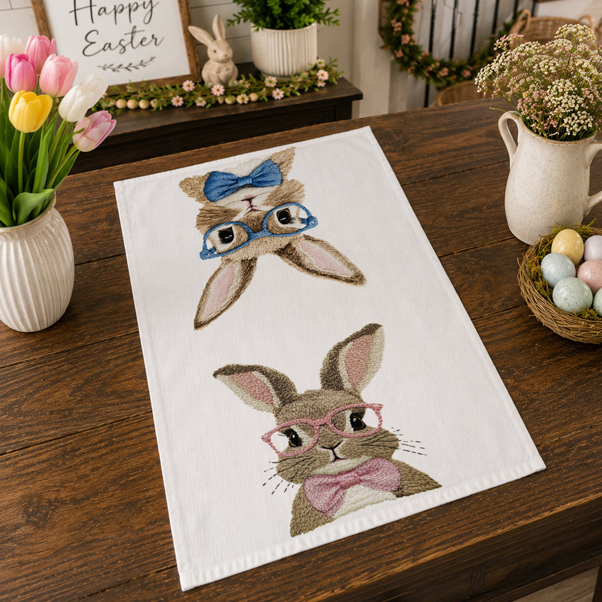 Cozy farmhouse Easter kitchen towel
Country spring bunny kitchen towel
Country Easter rabbit tea towel
Easter bunny decor for rustic farmhouse kitchen
Spring rabbit decor for cottage kitchen
Cute Easter bunny kitchen towel with blue glasses and bow tie
Pink glasses Easter bunny flour sack kitchen towel
Blue and pink bunny kitchen towel for spring farmhouse decor
Cute rabbit tea towel for Easter and spring kitchen decorating