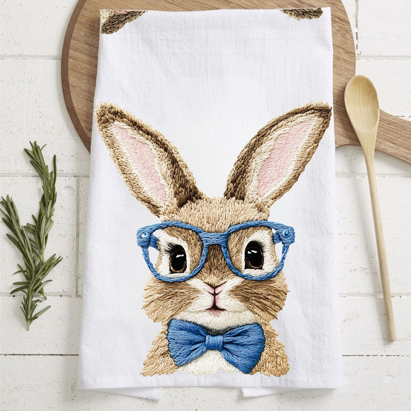 3d bunny glasses kitchen towel
embroidered bunny flour sack towel
pink and blue bunny easter towel
realistic stitch look bunny towel
easter bunny kitchen towel cute design
pastel bunny glasses dish towel
farmhouse bunny easter tea towel
