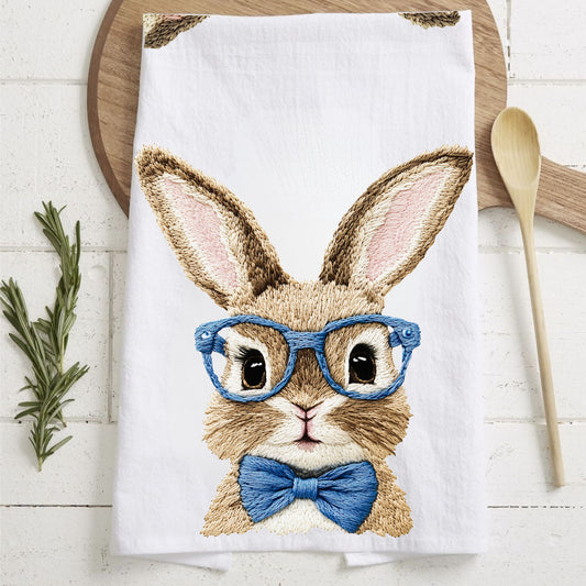 3d bunny glasses kitchen towel
embroidered bunny flour sack towel
pink and blue bunny easter towel
realistic stitch look bunny towel
easter bunny kitchen towel cute design
pastel bunny glasses dish towel
farmhouse bunny easter tea towel