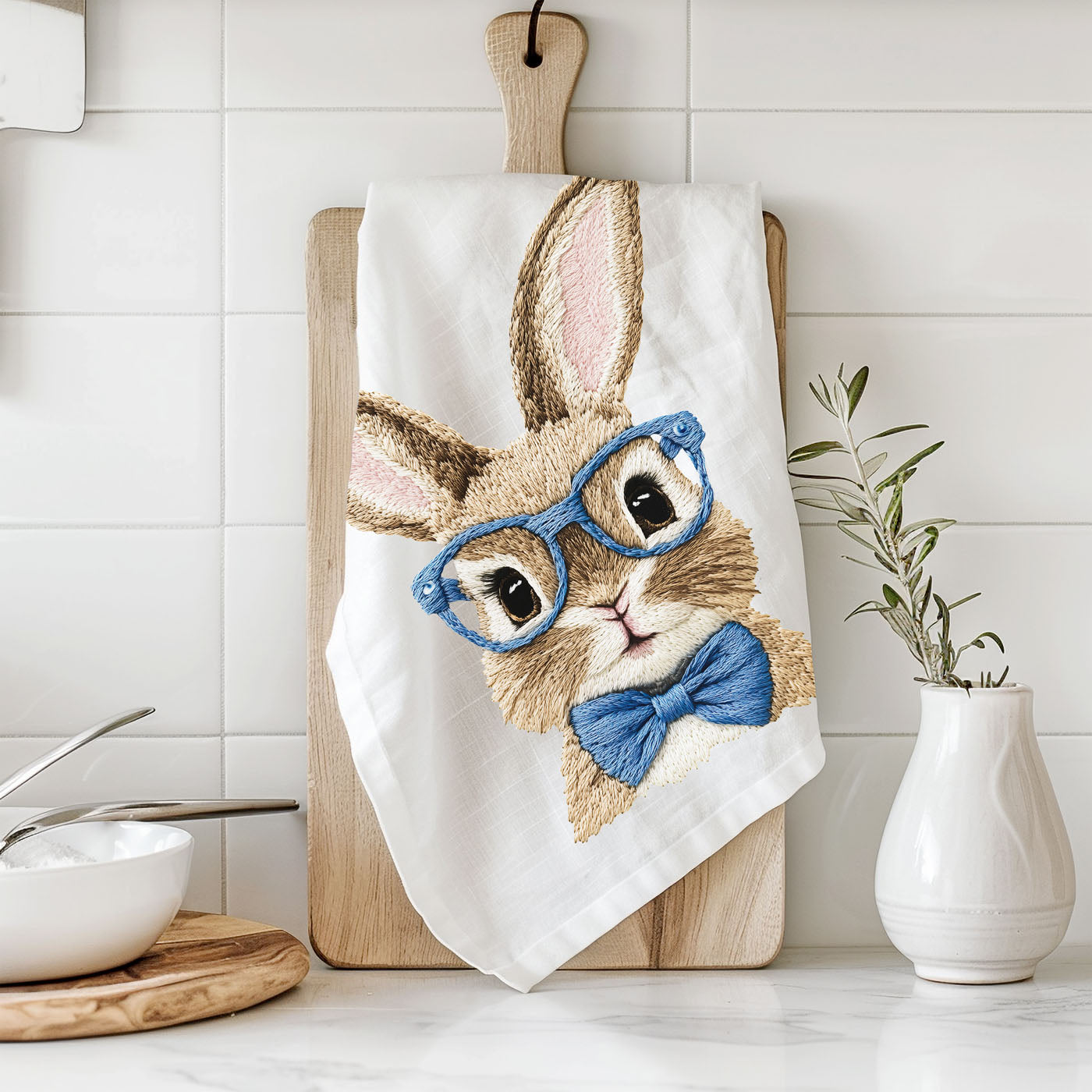 Blue bunny embroidered kitchen towel glasses farmhouse
Pink bunny embroidered dish towel bow tie Easter
3D textured bunny kitchen towel embroidery spring
Preppy bunny embroidered kitchen towel blue pink Easter