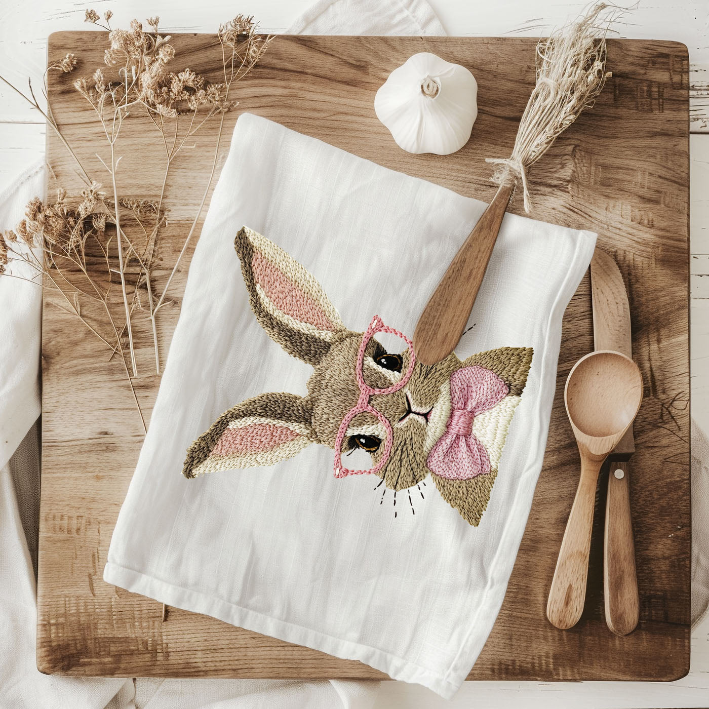 Pink inner ear bunny embroidered kitchen towel spring
Whisker detail bunny 3D embroidery dish towel Easter
Expressive eye bunny embroidered kitchen towel farmhouse
Fur texture bunny 3D embroidery