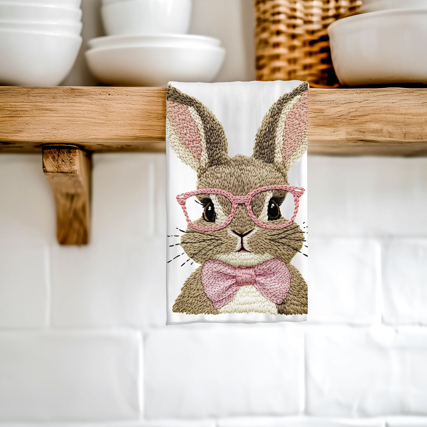 3D embroidery-look bunny towel with pink & blue glasses! 100% cotton flour sack, soft, absorbent & perfect for spring or Easter kitchen décor.
Modern Cute 3D Bunny Glasses Kitchen Towel – Pink & Blue Easter Decor