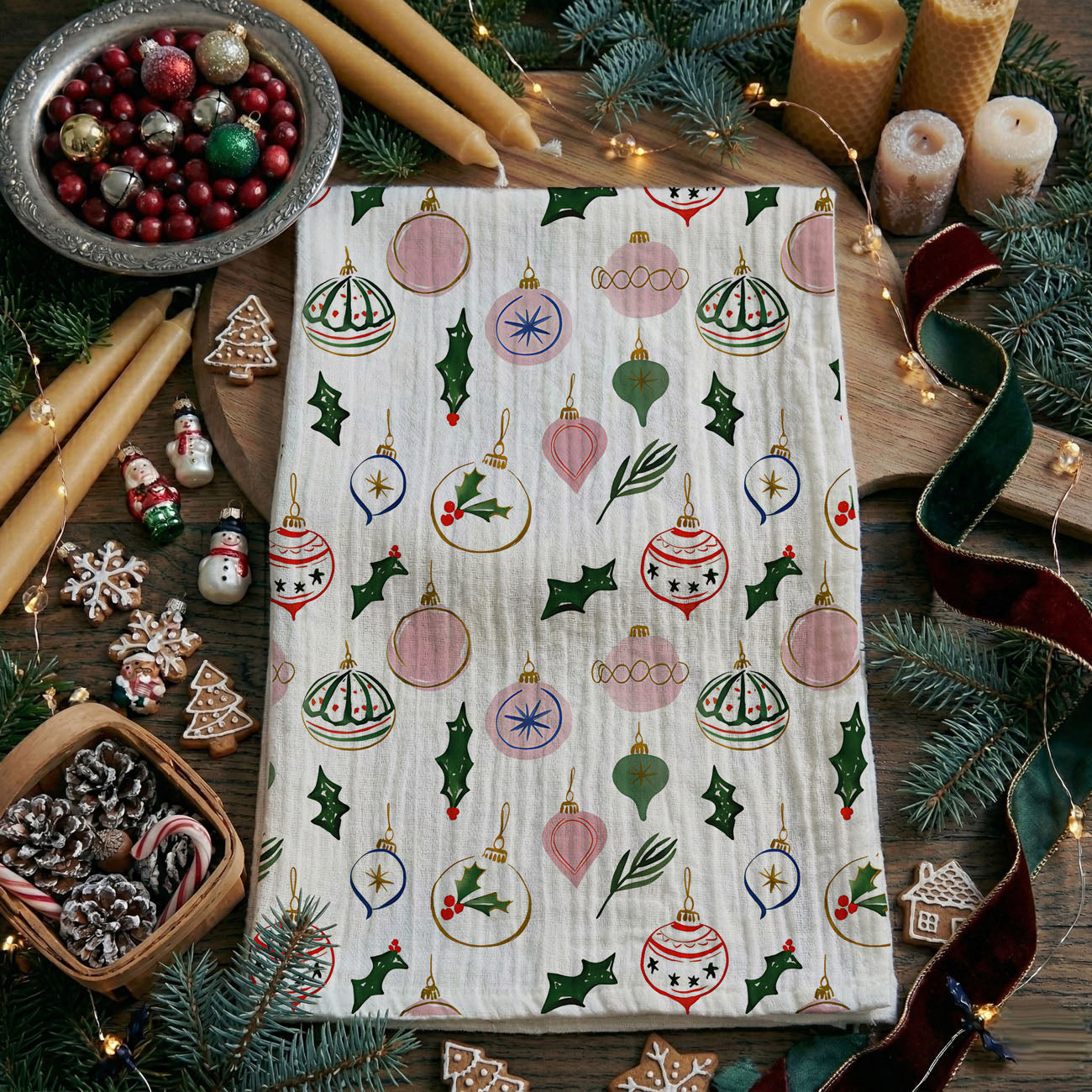 flour sack christmas kitchen towel holly pattern
christmas hand towel with ornaments and greenery
farmhouse christmas kitchen decor towel neutral tones
holiday dish towel vintage christmas holly ornaments