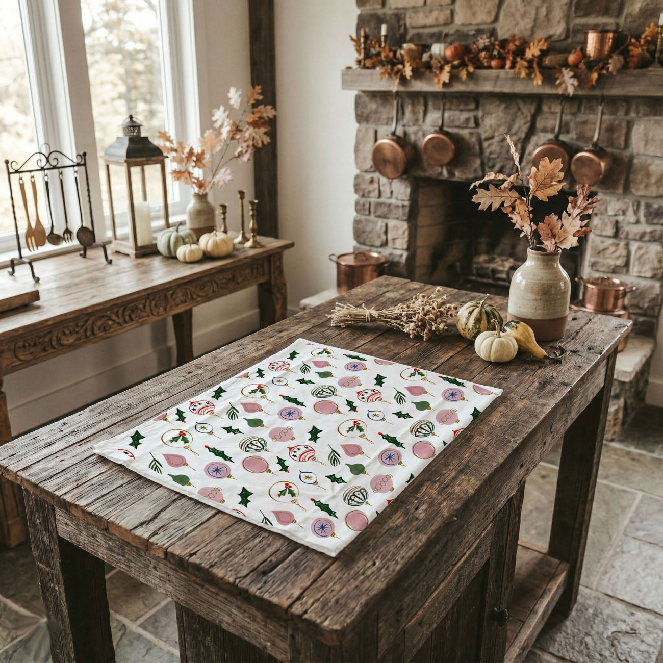 classic christmas decor kitchen towel design
traditional christmas kitchen towel holly print
nostalgic christmas ornament dish towel
holiday kitchen towel for entertaining guests
christmas towel styled with greenery and wood