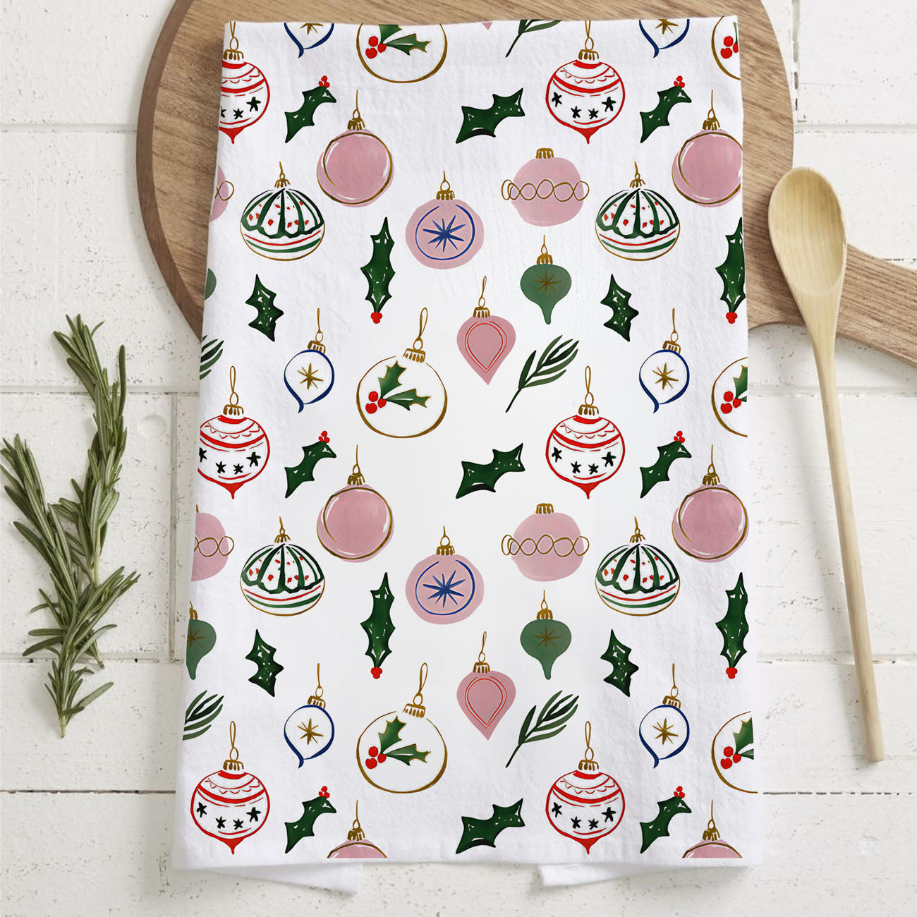 white christmas kitchen towel with holly pattern
light neutral christmas decor towel ornament print
clean aesthetic christmas kitchen towel
minimalist holiday kitchen towel modern farmhouse
christmas kitchen towel with holly leaves design
ornament pattern holiday dish towel cotton