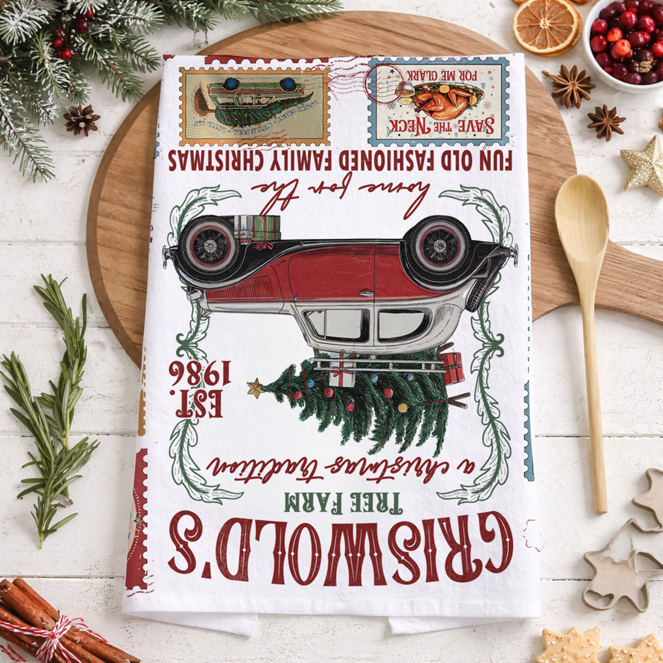 christmas kitchen towel with vintage holiday car and tree
retro station wagon christmas dish towel decor
holiday towel with classic christmas road trip theme
festive kitchen towel with christmas tree on car design
nostalgic christmas decor towel vintage holiday scene