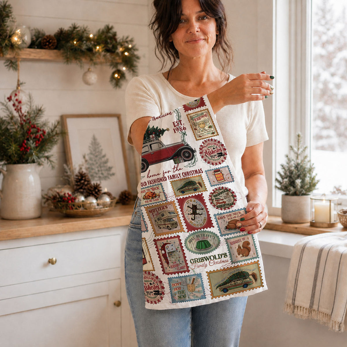 kitchen gift for someone who loves christmas movies
affordable funny christmas gift kitchen accessory
unique hostess present holiday themed dish towel
christmas kitchen decor gift for holiday lovers
funny festive kitchen towel for holiday burnout
holiday gift idea for christmas movie fans kitchen decor
funny christmas kitchen towel for gift exchange party
quirky christmas gift idea for home cooks
giftable holiday dish towel with vintage christmas theme