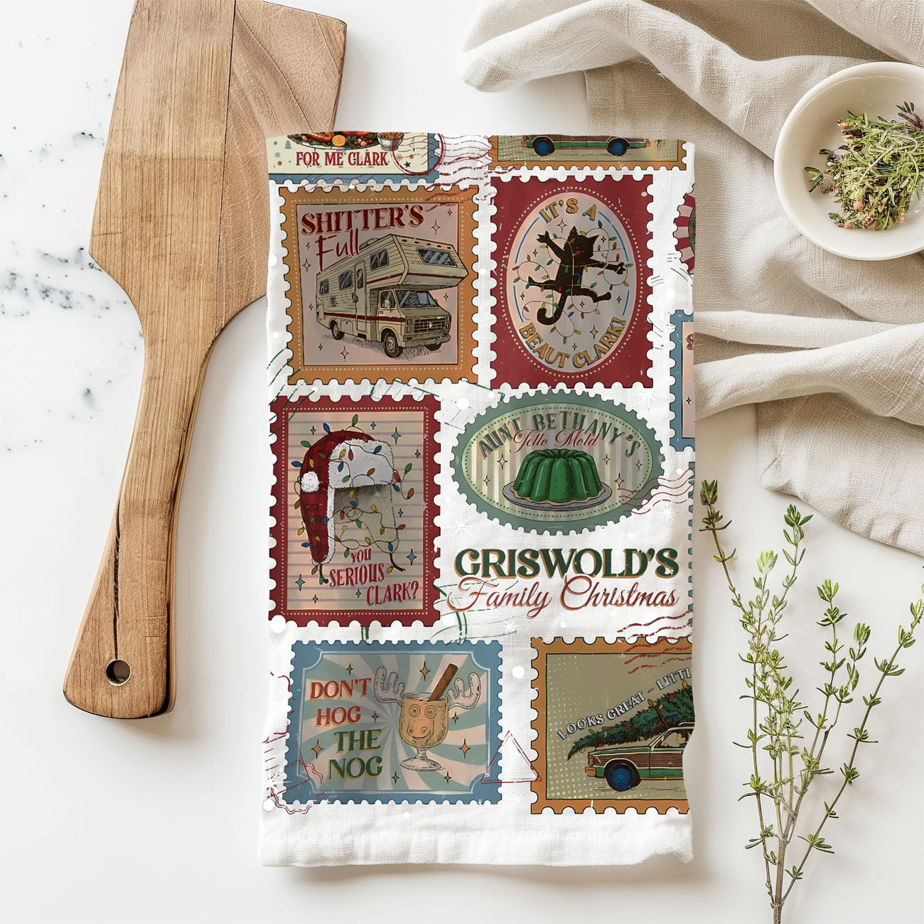 christmas comedy fan gift kitchen accessory
funny holiday film quote inspired towel
vintage holiday cinema inspired kitchen towel
absorbent christmas dish towel for holiday baking
flour sack christmas towel for kitchen use