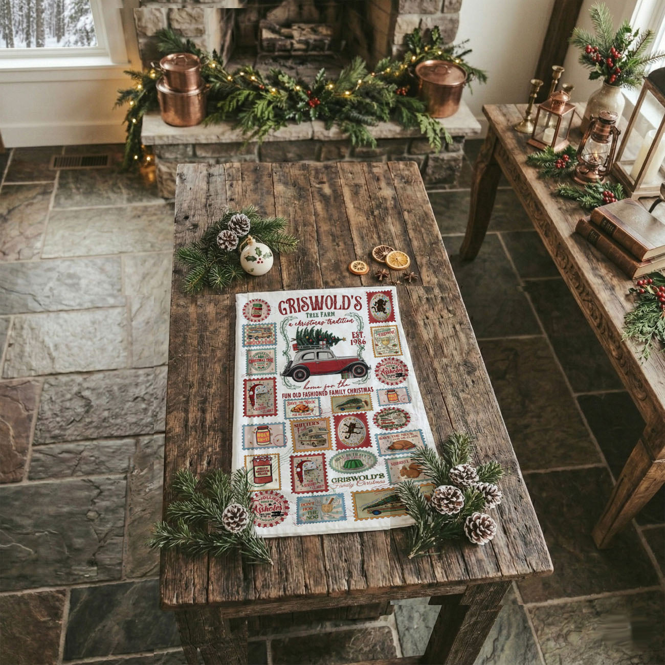 woman holding funny griswold christmas kitchen towel outdoor holiday setting
funny christmas vacation kitchen towel flat lay wooden board farmhouse decor
close up funny holiday movie quote kitchen towel vintage christmas design
festive farmhouse kitchen towel christmas decor cozy holiday home