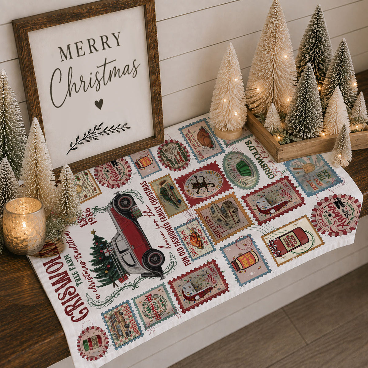 funny christmas towel for dysfunctional family gatherings
holiday kitchen towel for messy christmas cooking
funny christmas decor for chaotic holiday hosting
kitchen towel for surviving family christmas dinner
christmas kitchen towel with vintage holiday car and tree
retro station wagon christmas dish towel decor
holiday towel with classic christmas road trip theme
festive kitchen towel with christmas tree on car design
nostalgic christmas decor towel vintage holiday scene