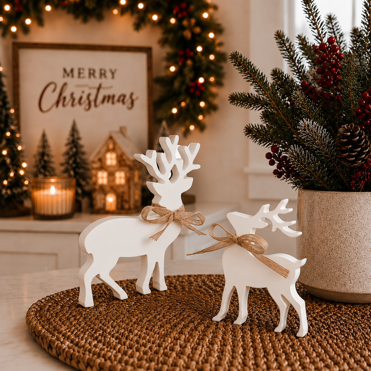 White wooden reindeer measuring 8 inches and 7 inches high
Large white reindeer measuring 8 inches tall by 7 inches wide
Small white reindeer measuring 7 inches tall by 5 inches wide
Size comparison of two white Christmas reindeer decorations
Large and small MDF reindeer figurines
White wooden deer decorations in coordinating sizes
Freestanding Christmas reindeer with carved antler shapes
White reindeer figurines with rustic burlap-style bows
Two-size wooden Christmas reindeer display