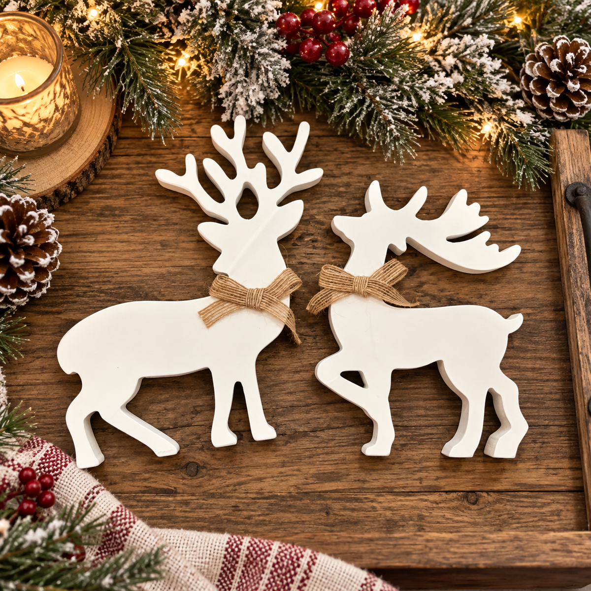 Christmas reindeer table decorations
wooden reindeer Christmas centerpiece
white Christmas reindeer shelf sitters
farmhouse reindeer holiday decorations