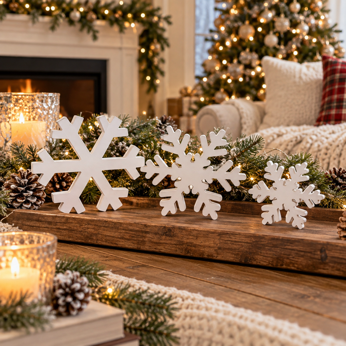 Christmas snowflake tabletop decor in warm holiday home setting
wooden snowflake decoration held in hand with Christmas tree background