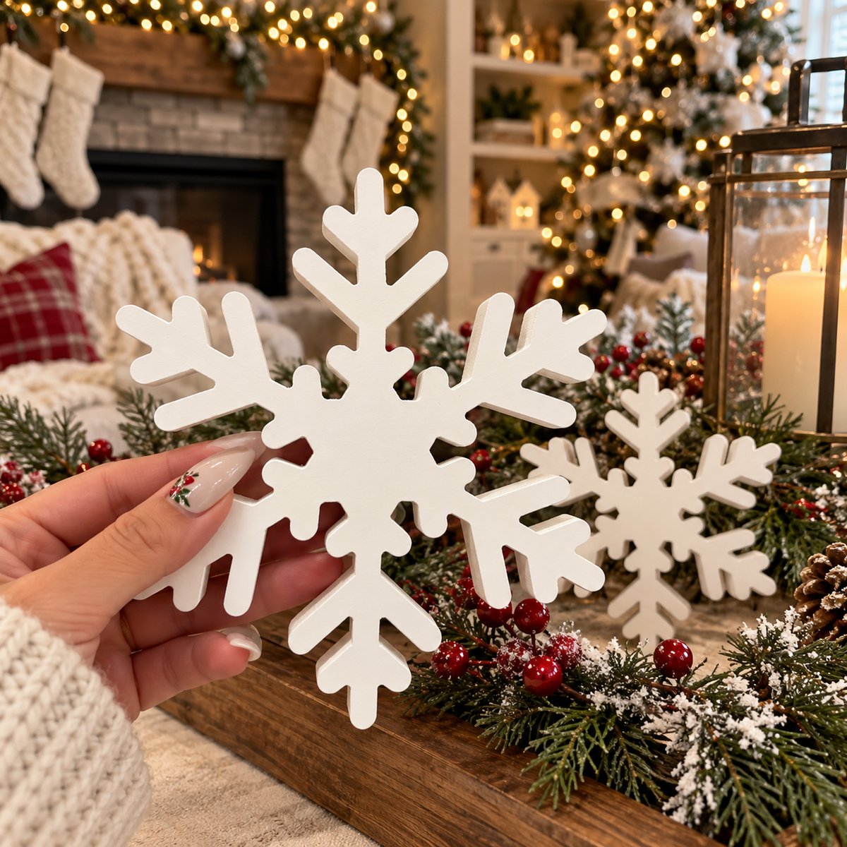 wooden Christmas snowflakes displayed with fireplace and Christmas tree
white farmhouse snowflake decorations with holiday greenery