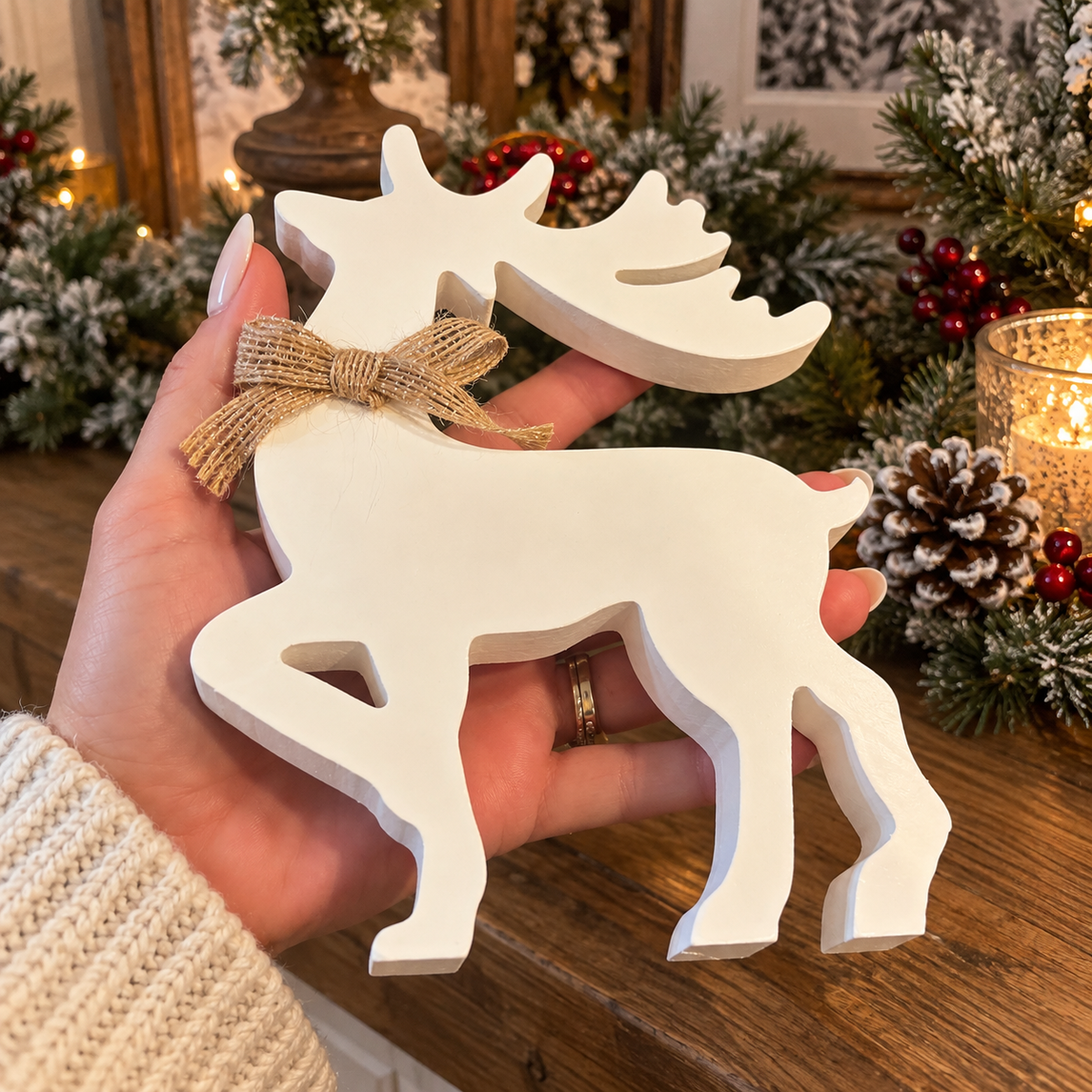 White wooden deer decorations for Scandinavian Christmas décor
Large and small reindeer figurines for holiday shelf styling