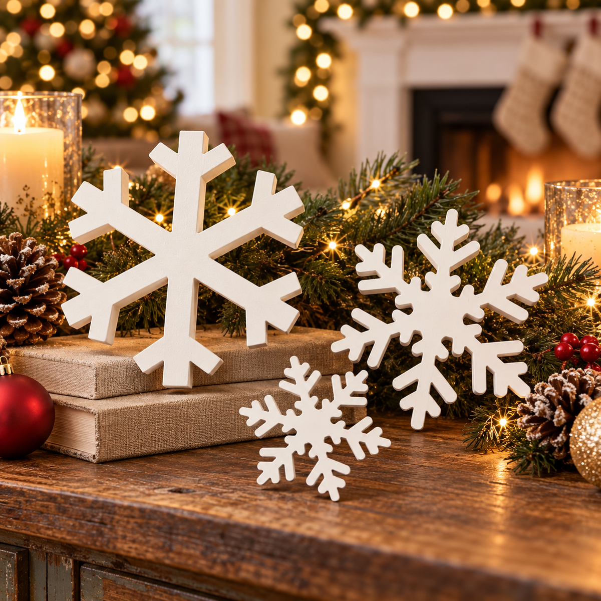white Christmas snowflake shelf decor
farmhouse snowflake holiday decorations
rustic farmhouse Christmas snowflake decor
Christmas snowflake home accent decor