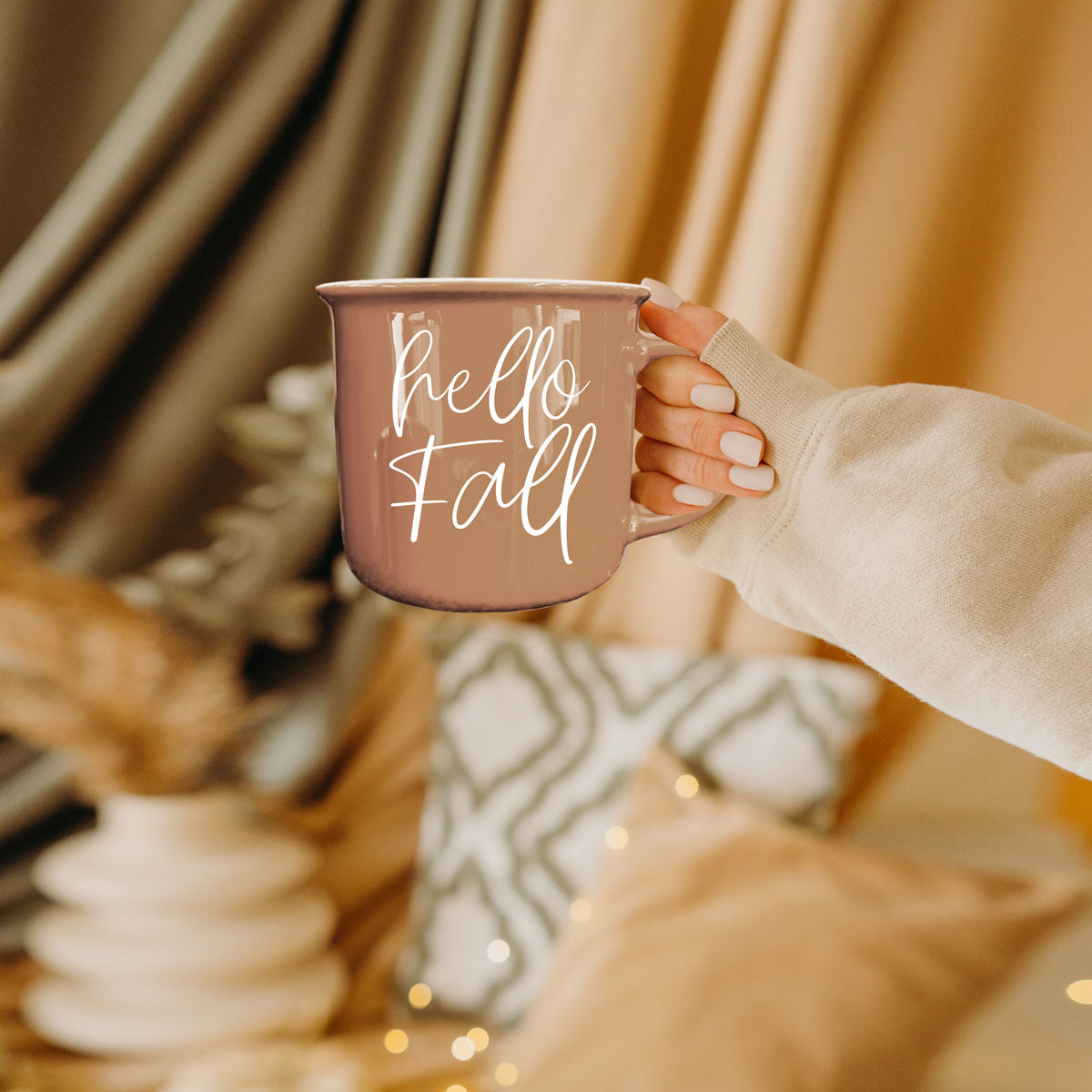 hello fall mug in fall home office setup
hello fall coffee cup next to pumpkin bread
hello fall mug as part of fall gift box
hello fall latte mug with frothy milk art
hello fall mug styled in farmhouse hutch
hello fall coffee cup on wicker tray
hello fall mug in fall bedroom nightstand decor
hello fall mug on porch with pumpkins and mums
hello fall mug in fall kitchen window light