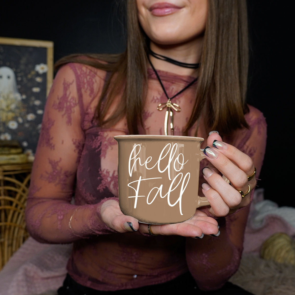 hello fall mug next to autumn scented candle
hello fall mug with acorns and pinecones decor
hello fall latte mug with frothy milk art
hello fall mug styled in farmhouse hutch
hello fall mug on rustic bench with rain boots
hello fall mug next to fall wreath decor