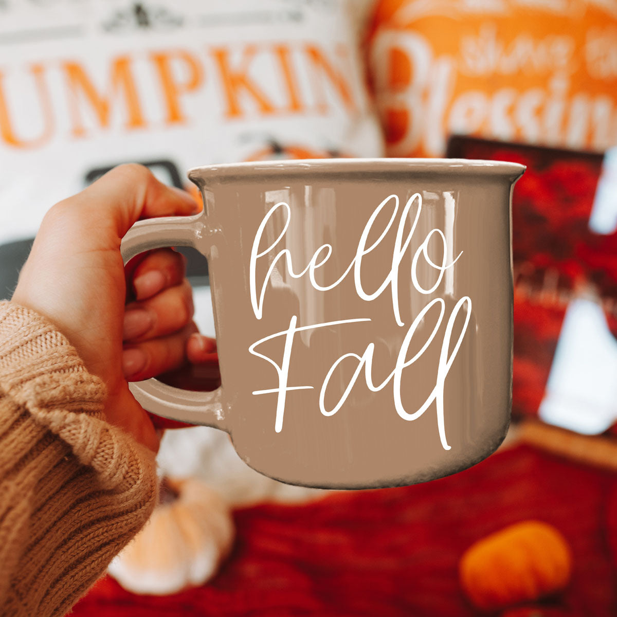 hello fall mug close up product shot with pumpkin decor
hello fall mug on cozy fall coffee bar
neutral hello fall coffee cup with pumpkins
hello fall seasonal drinkware for cozy homebodies
hello fall mug perfect for unique fall gifts