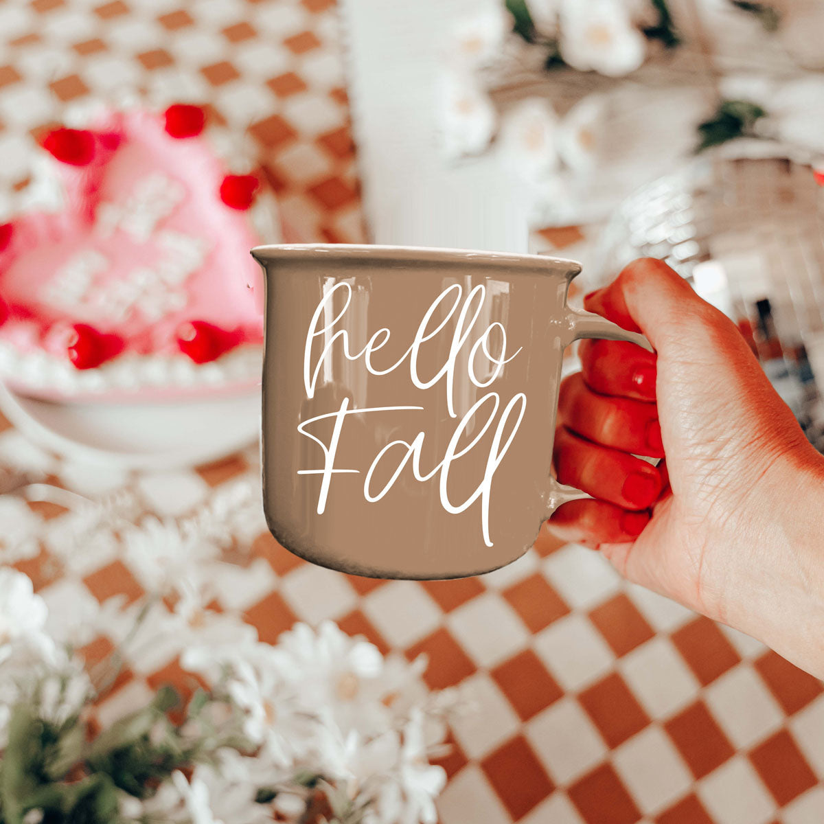 hello fall script mug on wooden tray
hello fall fall themed mug for cozy mornings
hello fall mug with cinnamon sticks and coffee
hello fall mug styled for thanksgiving breakfast
hello fall mug with whipped cream pumpkin latte