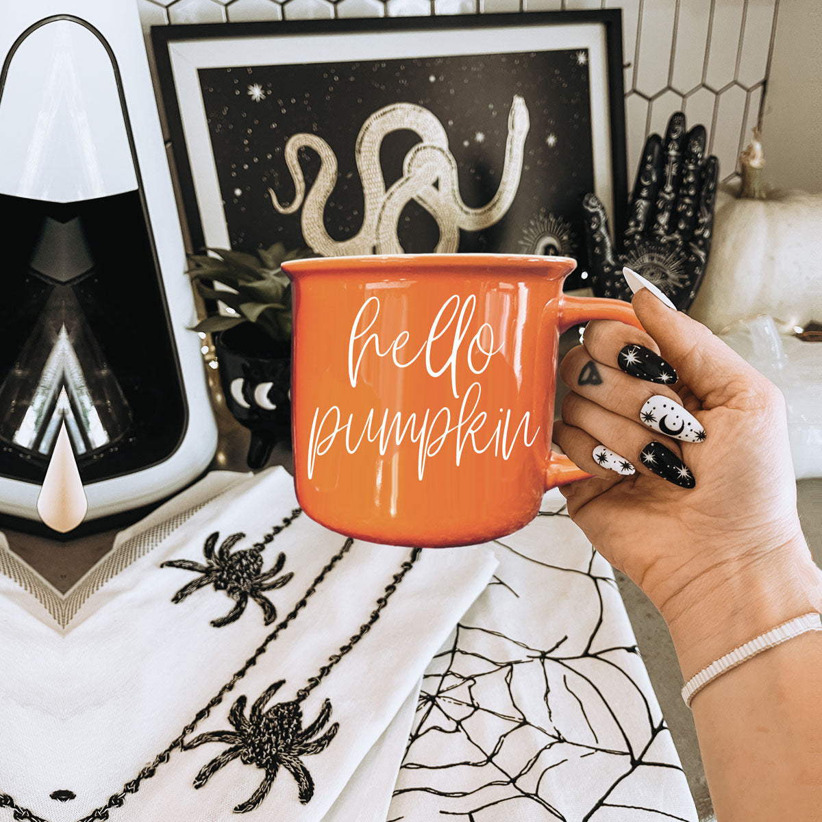 Wholesale autumn self care mug with warm drink
pumpkin colored coffee mug on sofa
fall decor mug on bedside table
autumn kitchen shelf styling with orange mug