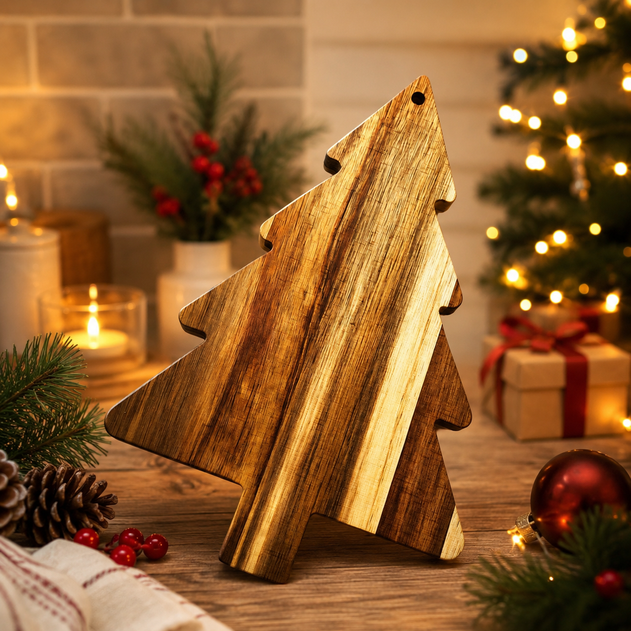 Tree-shaped charcuterie board in a rustic Christmas tablescape
Wooden Christmas food board with traditional red and green décor
Holiday grazing board displayed in a cozy farmhouse kitchen
Christmas tree cutting board styled for seasonal home entertaining
Festive wooden serving board beside a mug of hot chocolate
Acacia wood Christmas platter with rustic woodland decorations
Holiday snack board displayed on a wooden farmhouse table