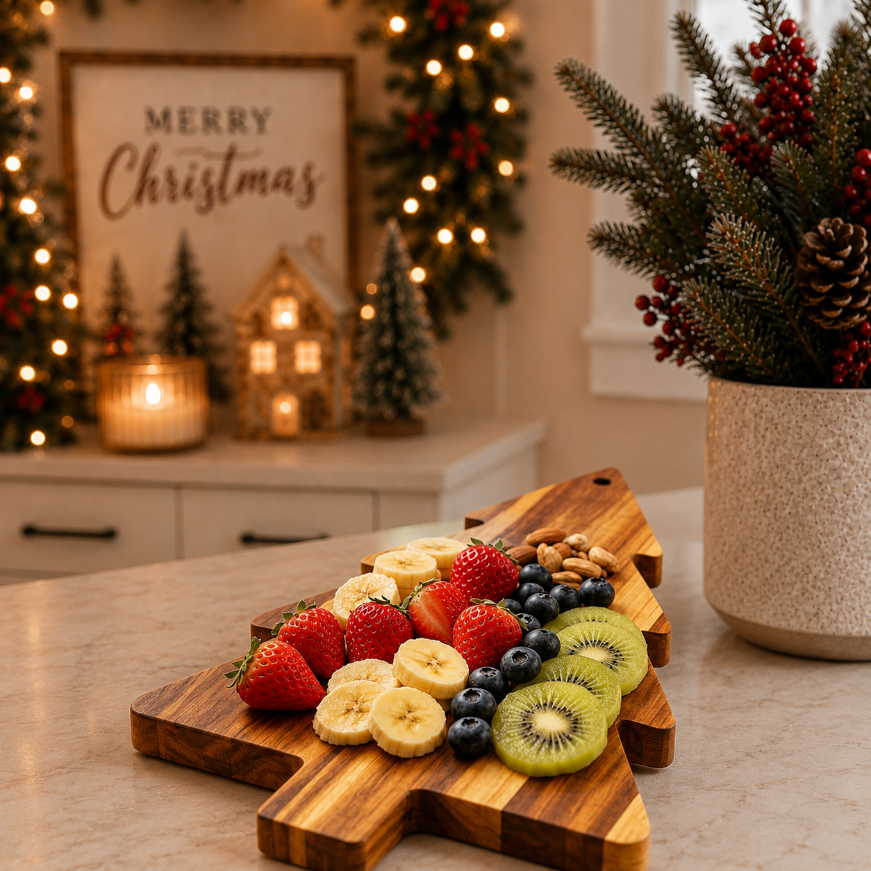 Natural wood Christmas board displayed beside illuminated ceramic houses
Acacia wood tree platter in a traditional Christmas kitchen display
Christmas tree cutting board displayed with evergreen garland and lights
Rustic wooden Christmas tree board on a holiday countertop
Decorative acacia wood serving board in a cozy Christmas home
Tree-shaped wooden board
Acacia wood Christmas tree charcuterie board gift
Christmas hostess gift wooden cheese and serving board