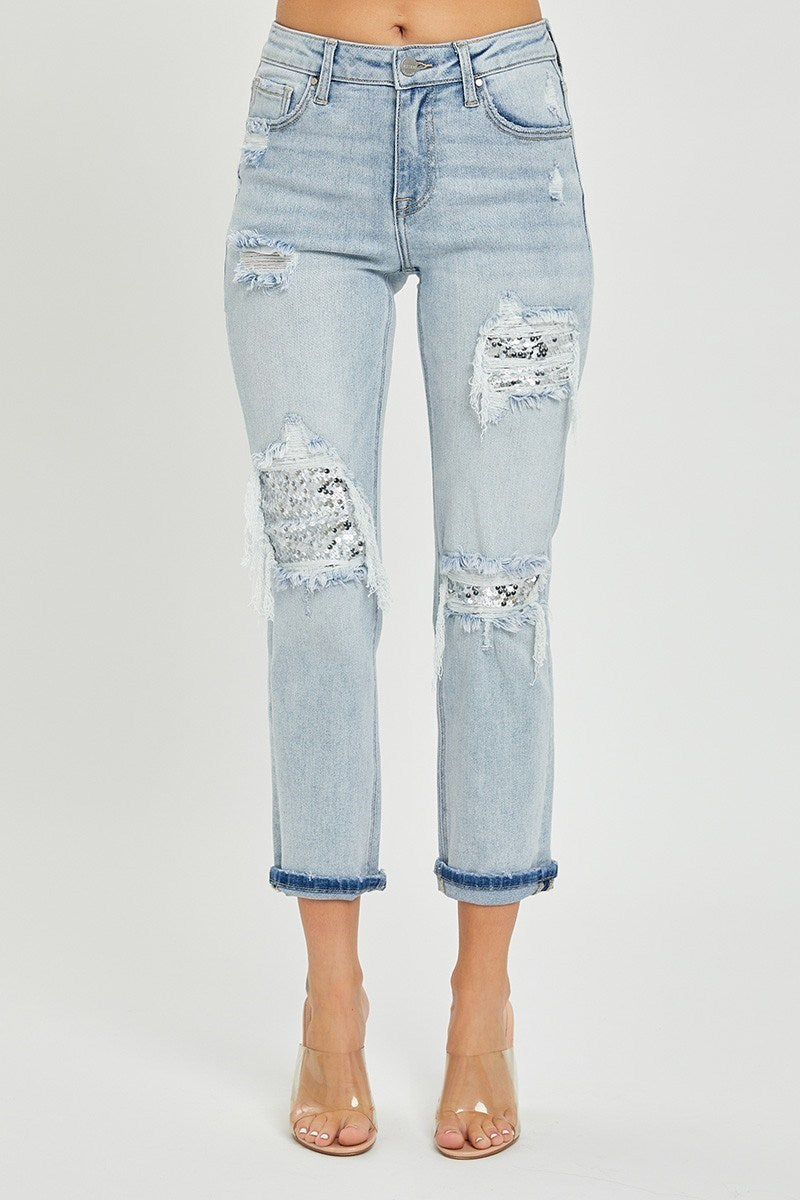 Risen MidRise Sequin Patch Tapered Jeans
