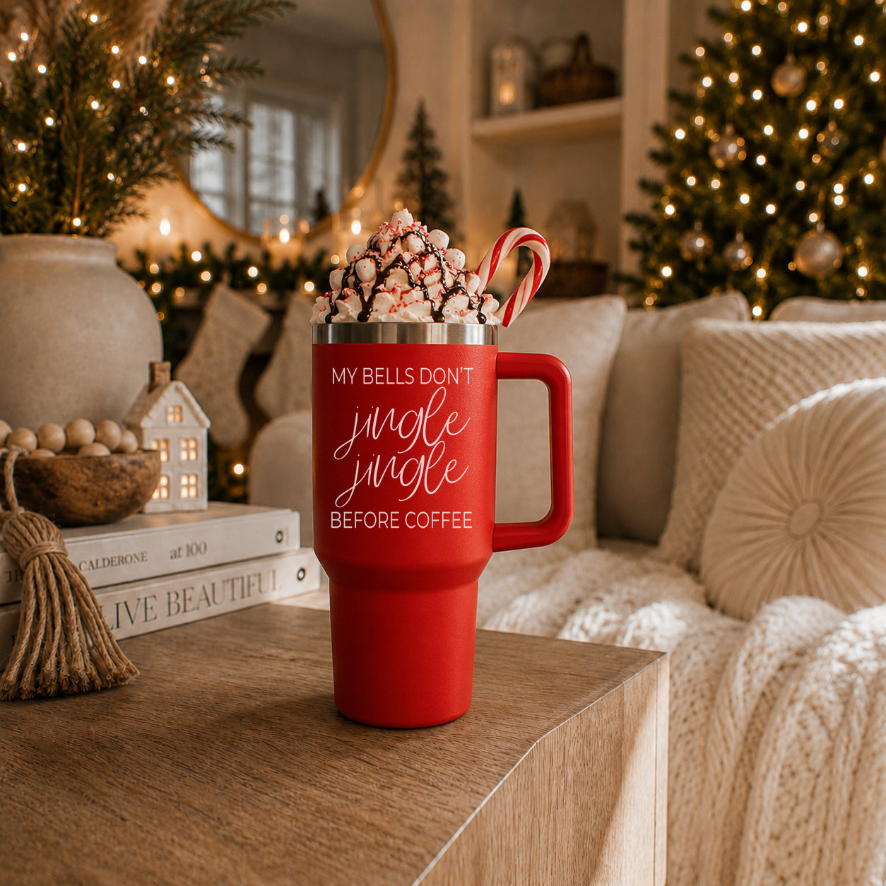 Christmas personality tumbler 40oz red
Large 40oz red Christmas tumbler with funny saying
Christmas holiday drinkware 40oz red 
Red stainless steel Christmas tumbler 40oz with my bells don't jingle jingle before coffee